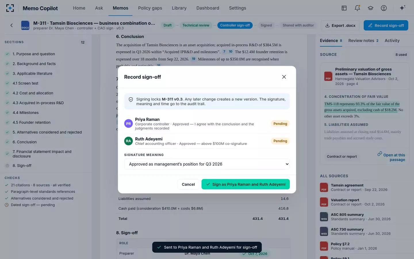 Accounting Policy and Technical Memo Copilot — Recording sign-off