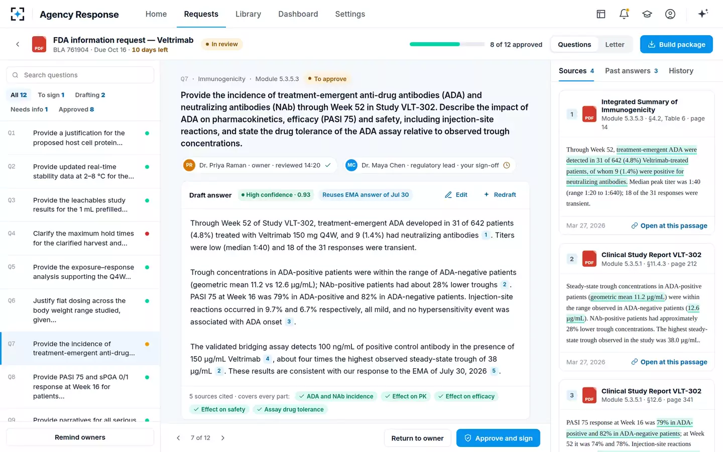 Agency Question Response — One answer, side by side with its sources