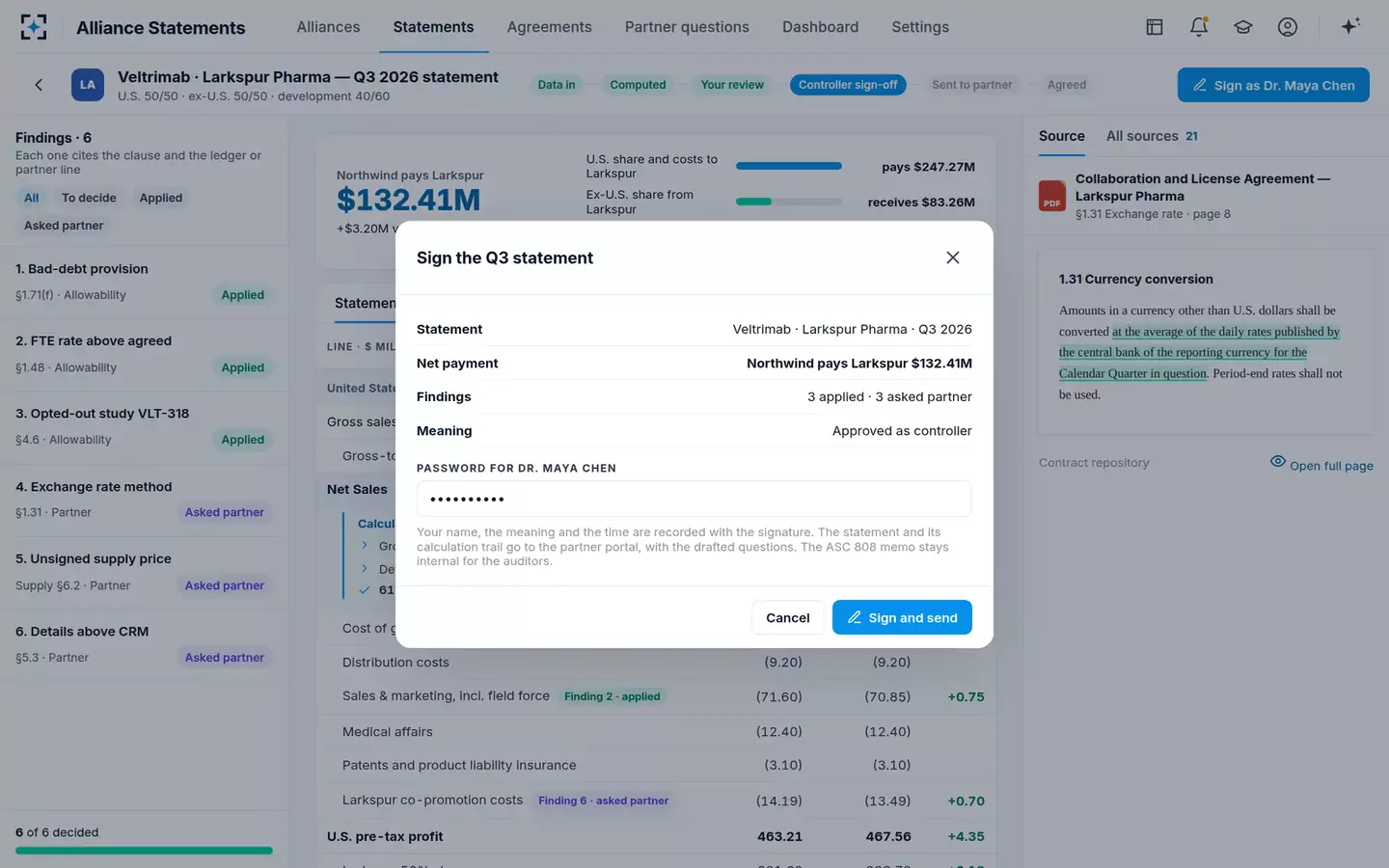 Alliance Profit-Share Statement Agent — Controller sign-off