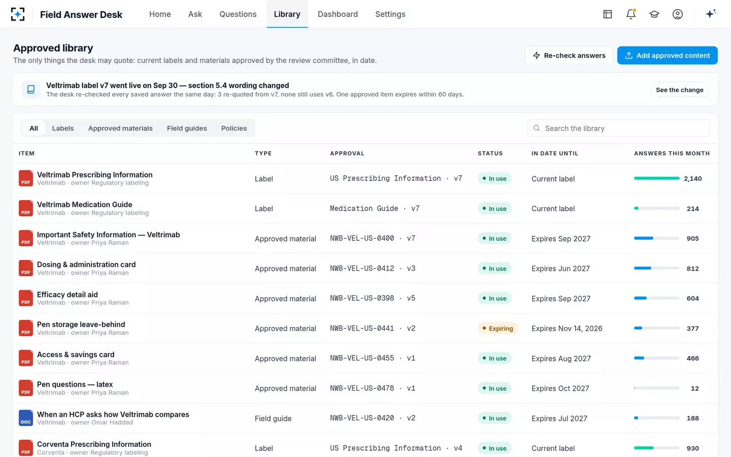 Approved-Answer Field Desk — The approved library