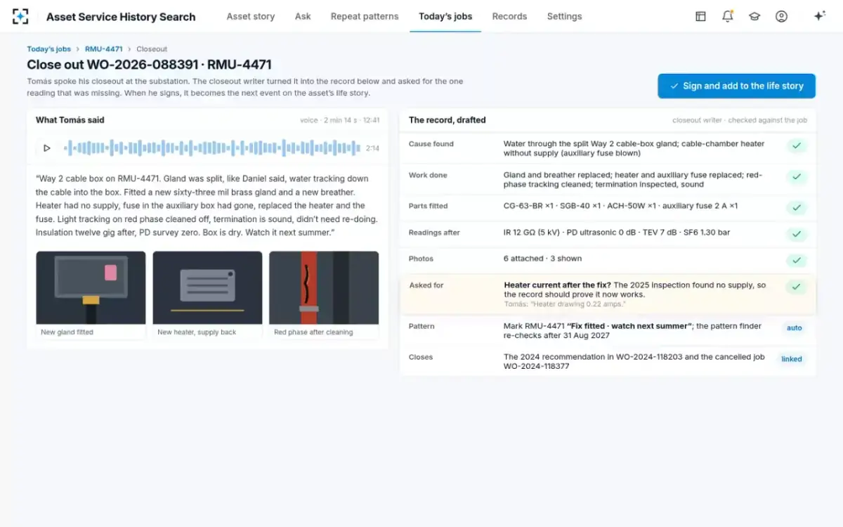 Asset Service History Search — Spoken closeout