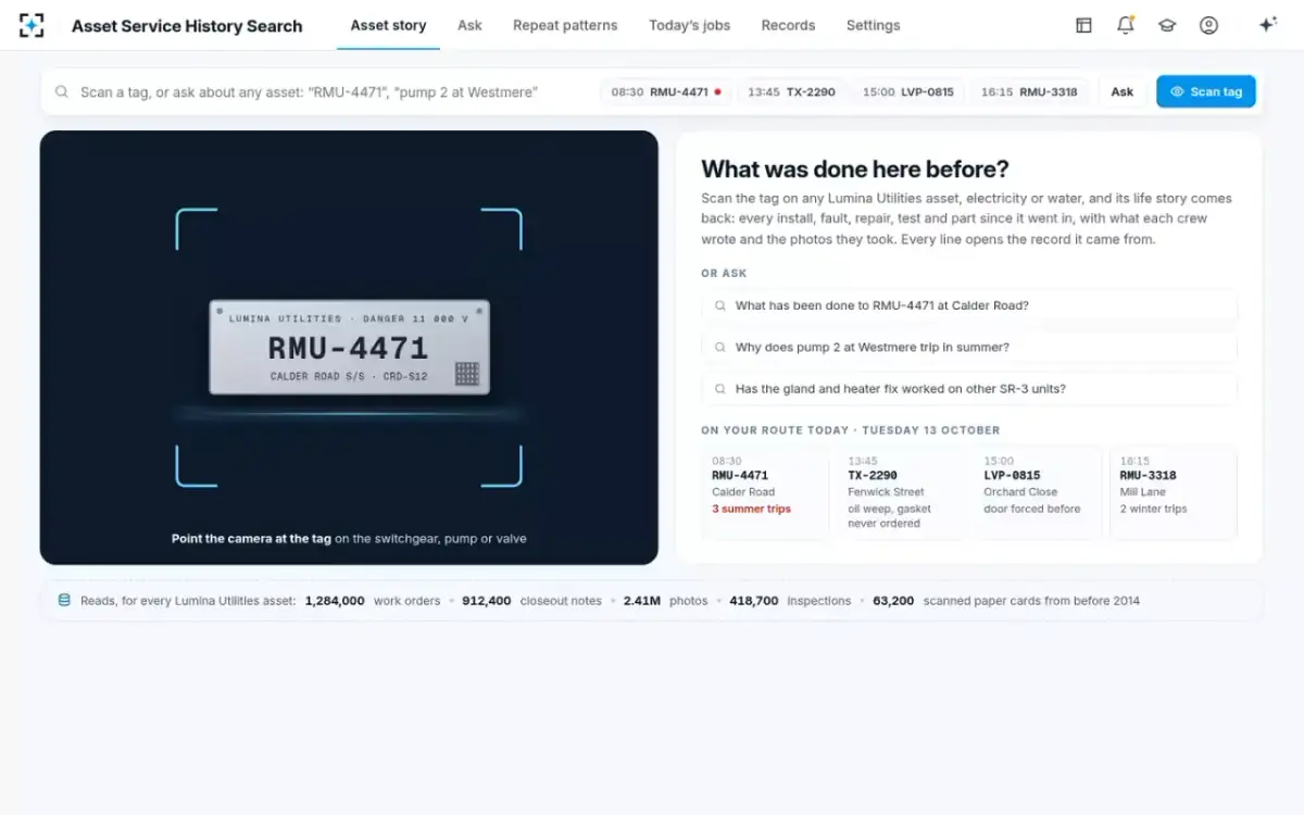 Asset Service History Search — Scan or ask