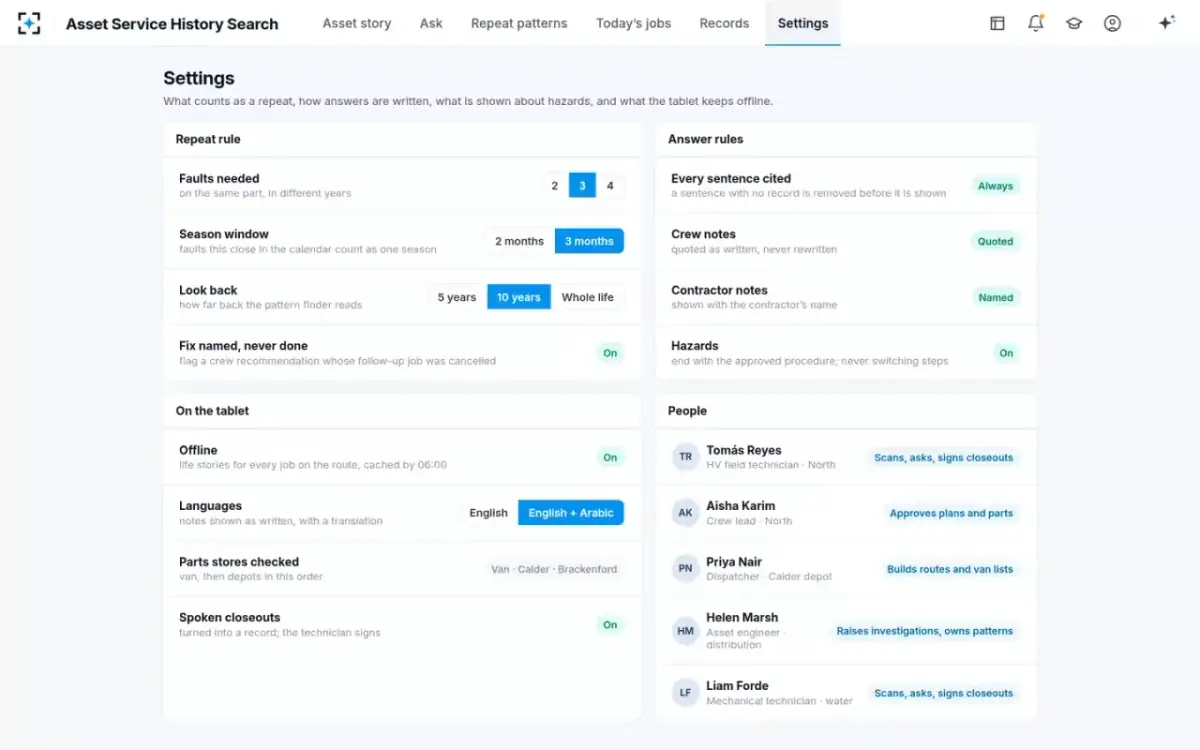 Asset Service History Search — Your rules