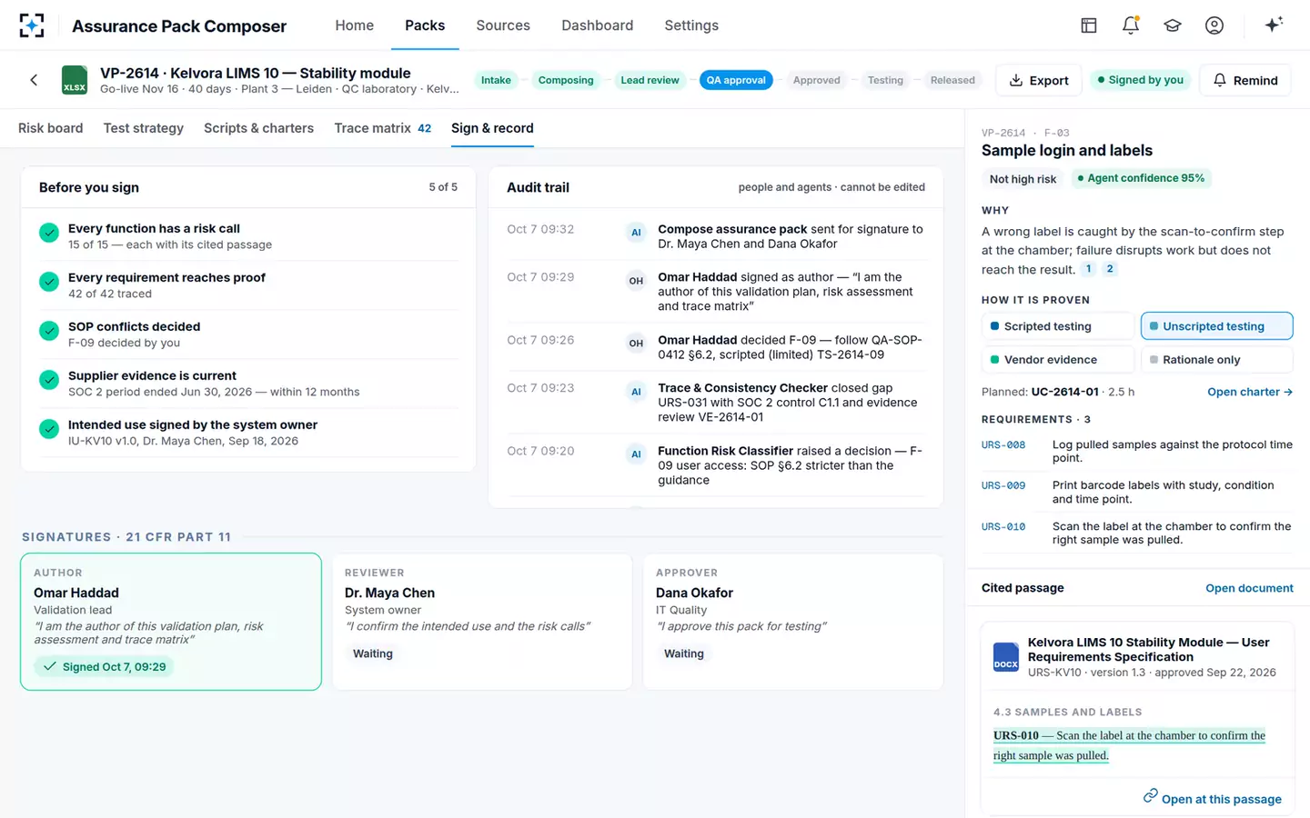 Assurance Pack Composer — Sign and record