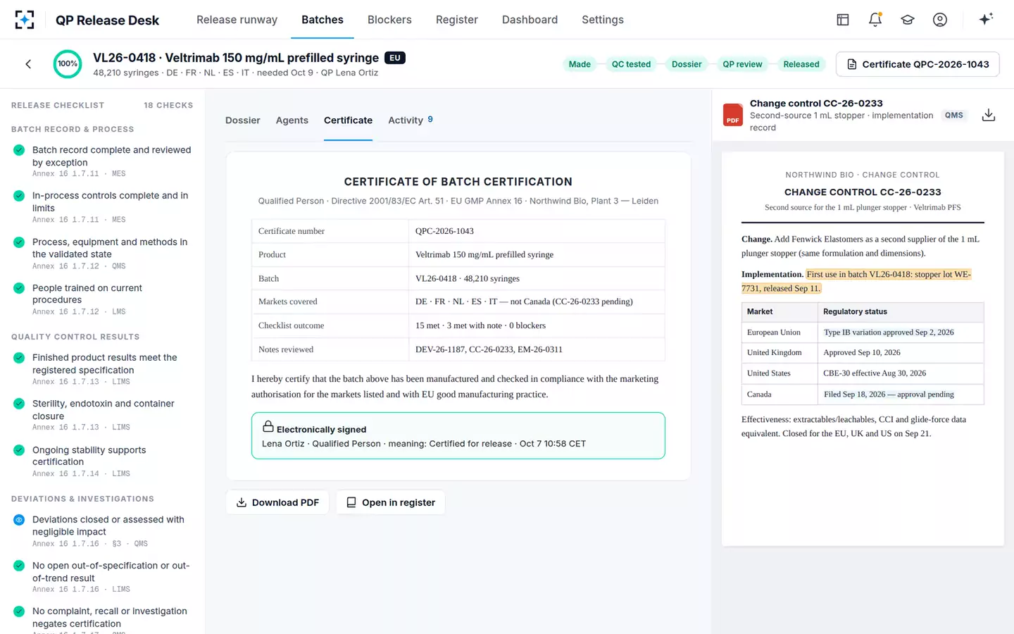 Batch Disposition Dossier & QP Release Desk — The certificate