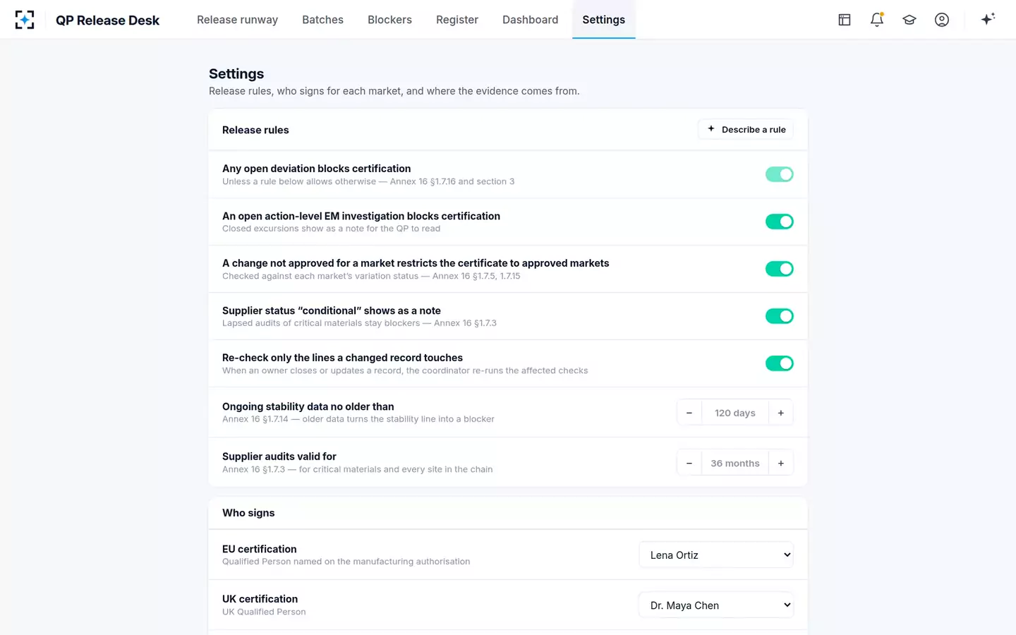Batch Disposition Dossier & QP Release Desk — Release rules