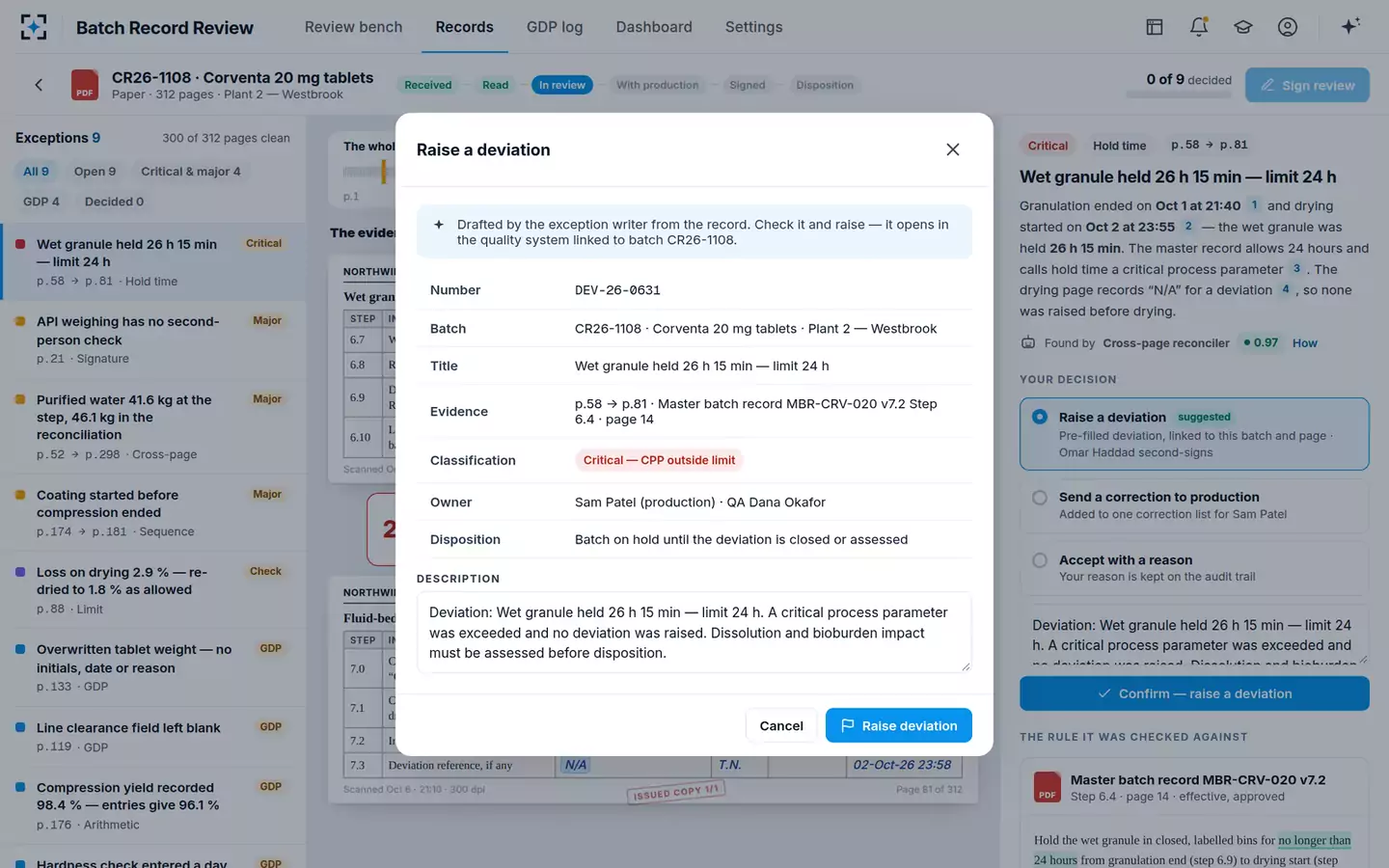 Batch Record Review by Exception — Raise a deviation