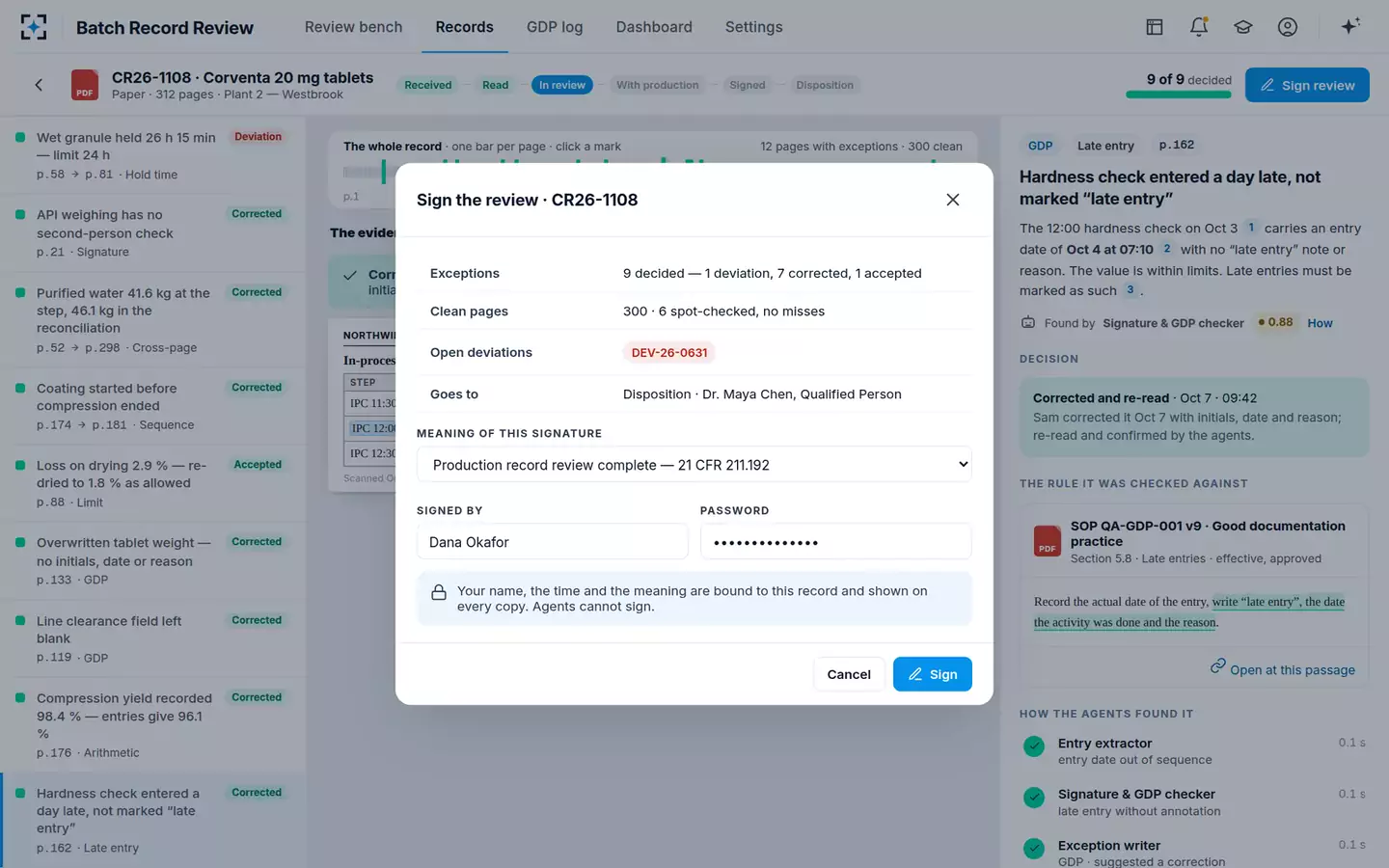 Batch Record Review by Exception — Sign the review