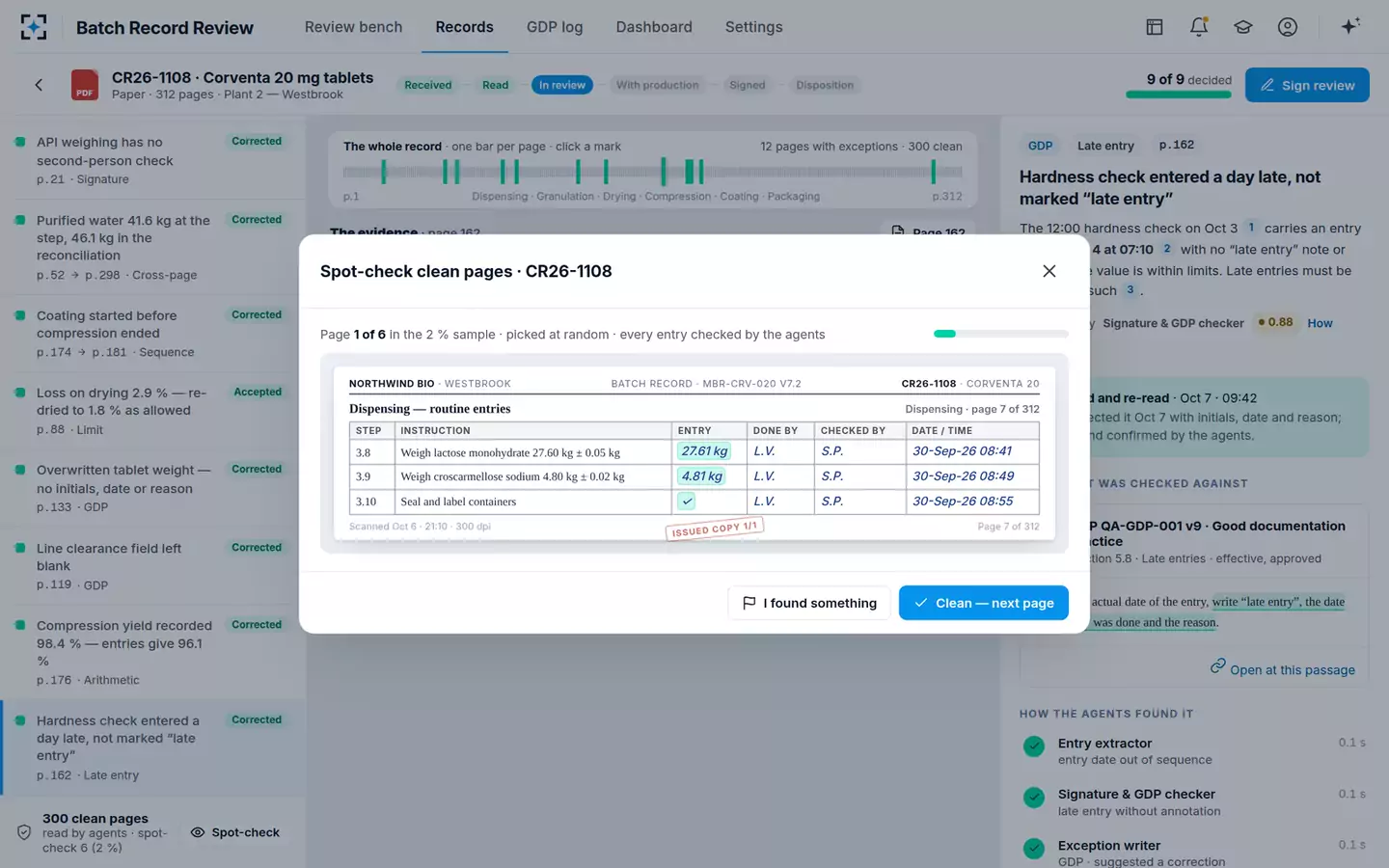Batch Record Review by Exception — Spot-check of clean pages