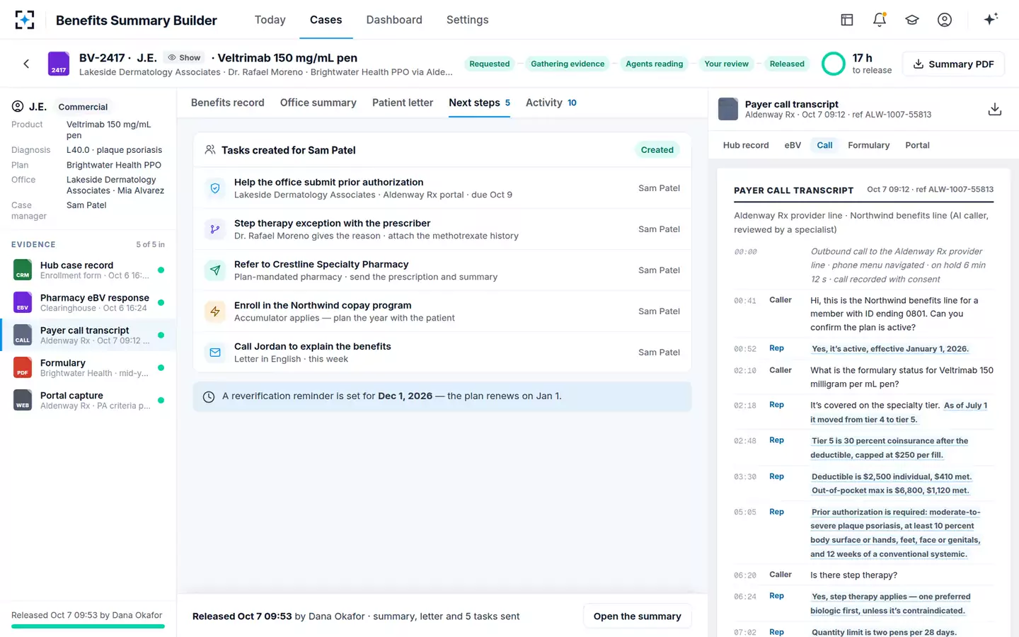 Benefits Investigation Summary Builder — Next steps for the case manager