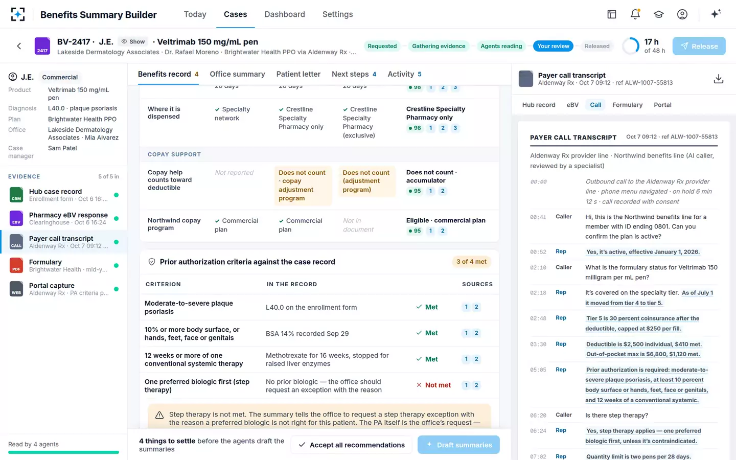 Benefits Investigation Summary Builder — PA criteria against the record