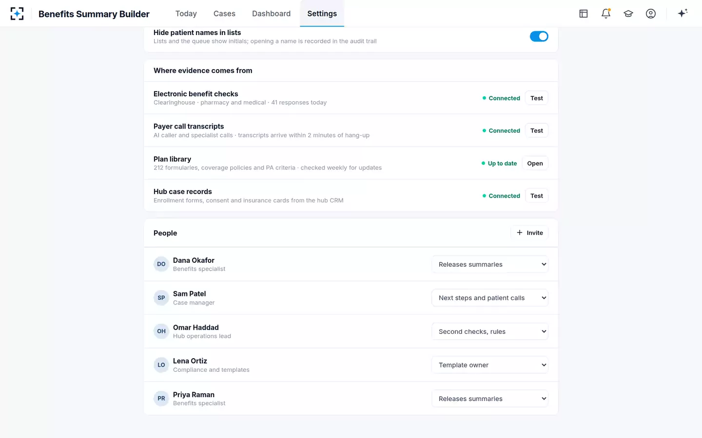 Benefits Investigation Summary Builder — Sources and people