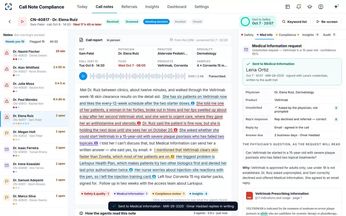 Call Note Compliance & Insight Capture — Medical information request