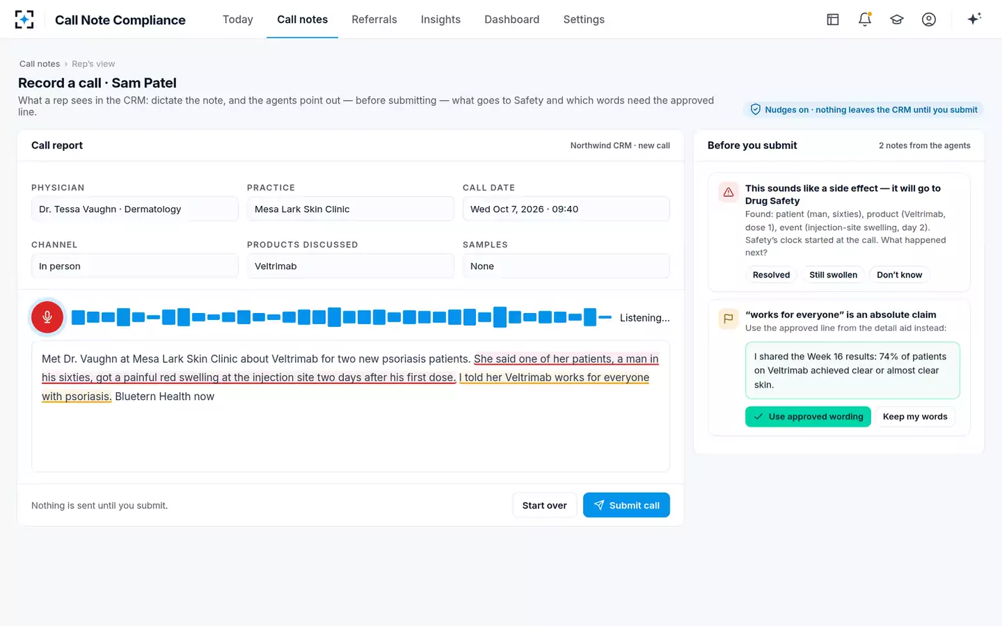 Call Note Compliance & Insight Capture — The rep’s view