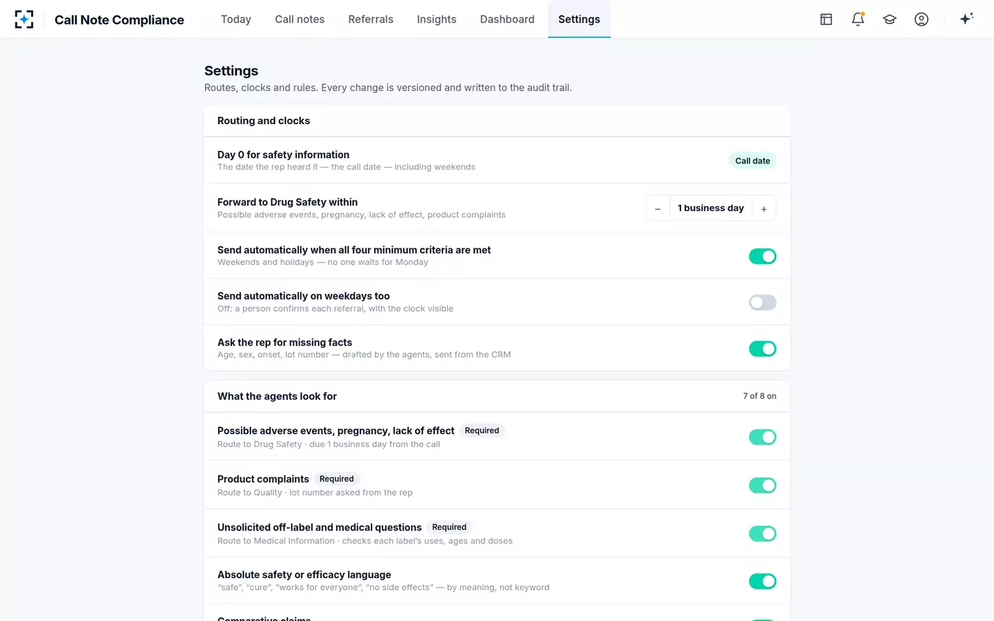 Call Note Compliance & Insight Capture — Routes, clocks and rules