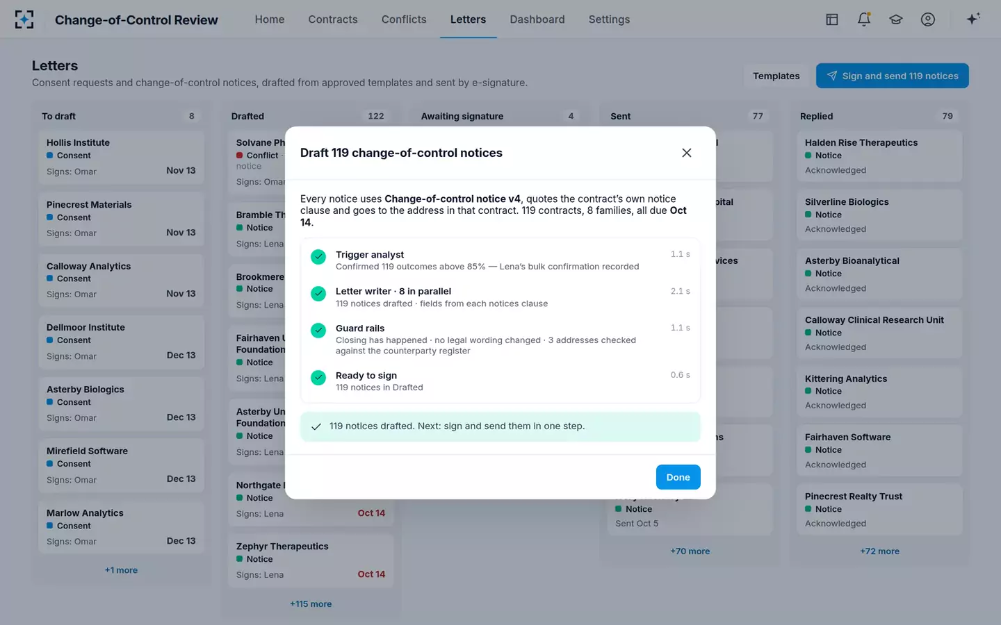 Acquisition Contract Change-of-Control Review — 119 notices in one step