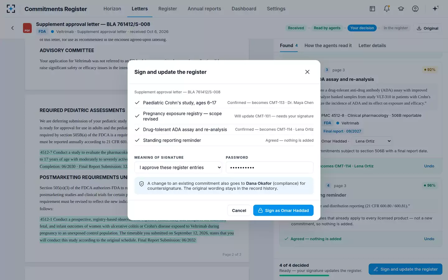 Commitments & Obligations Register — Sign and update the register