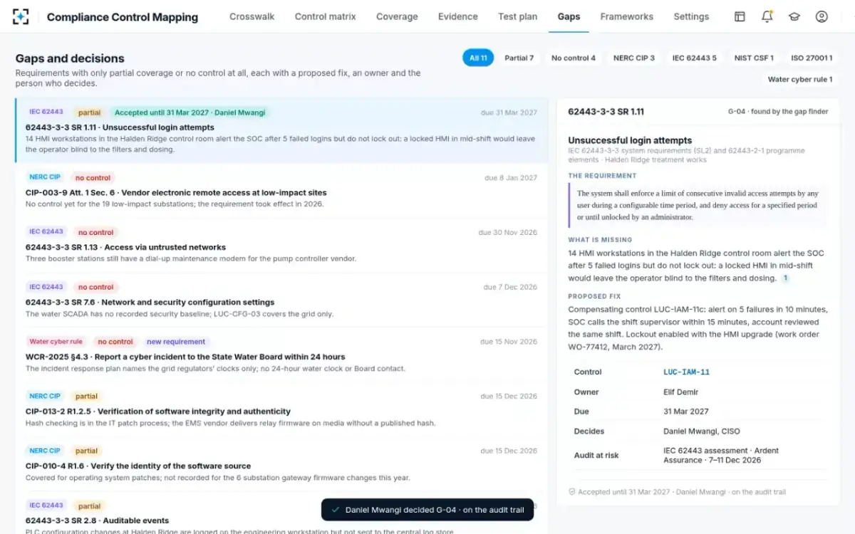 Compliance Control Mapping — Gaps and decisions