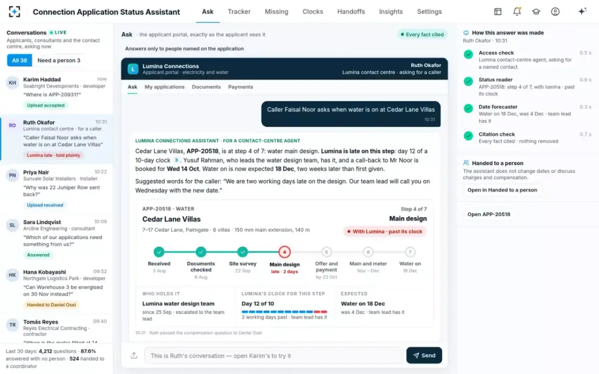 Connection Application Status Assistant — For the contact centre