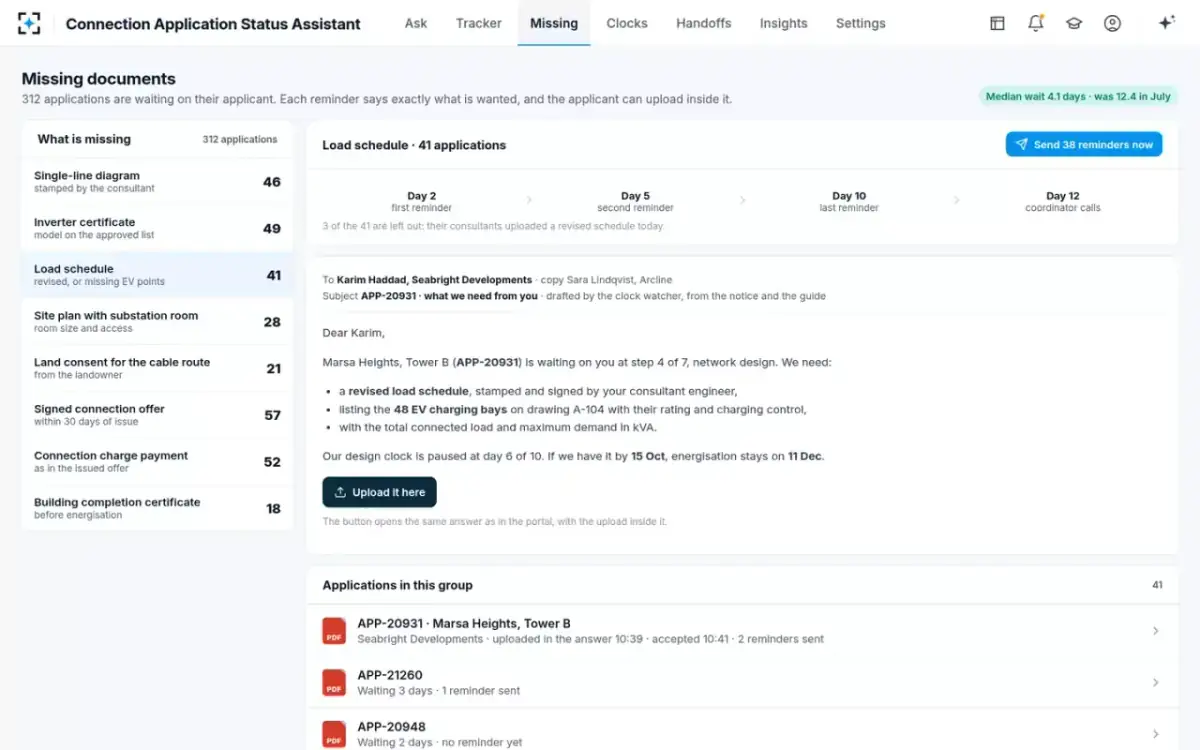 Connection Application Status Assistant — Missing documents