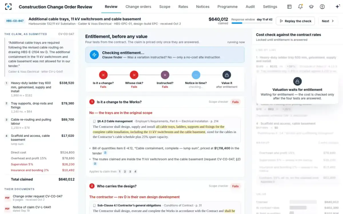 Construction Change Order Review — The check, replayed