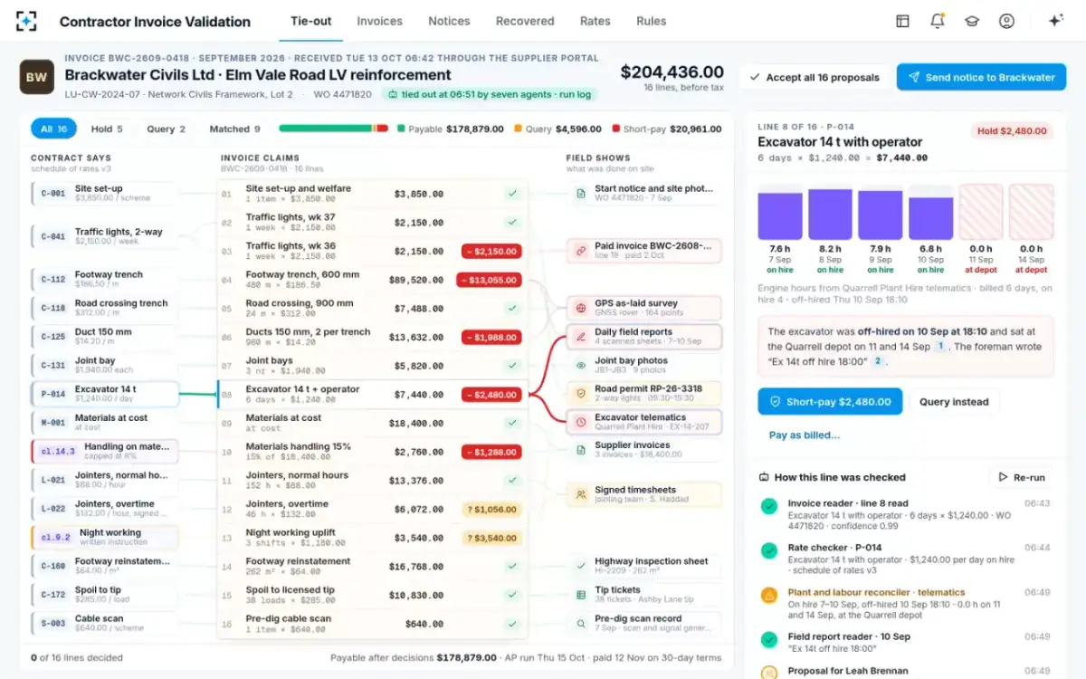 Contractor Invoice Validation — Plant days against telematics