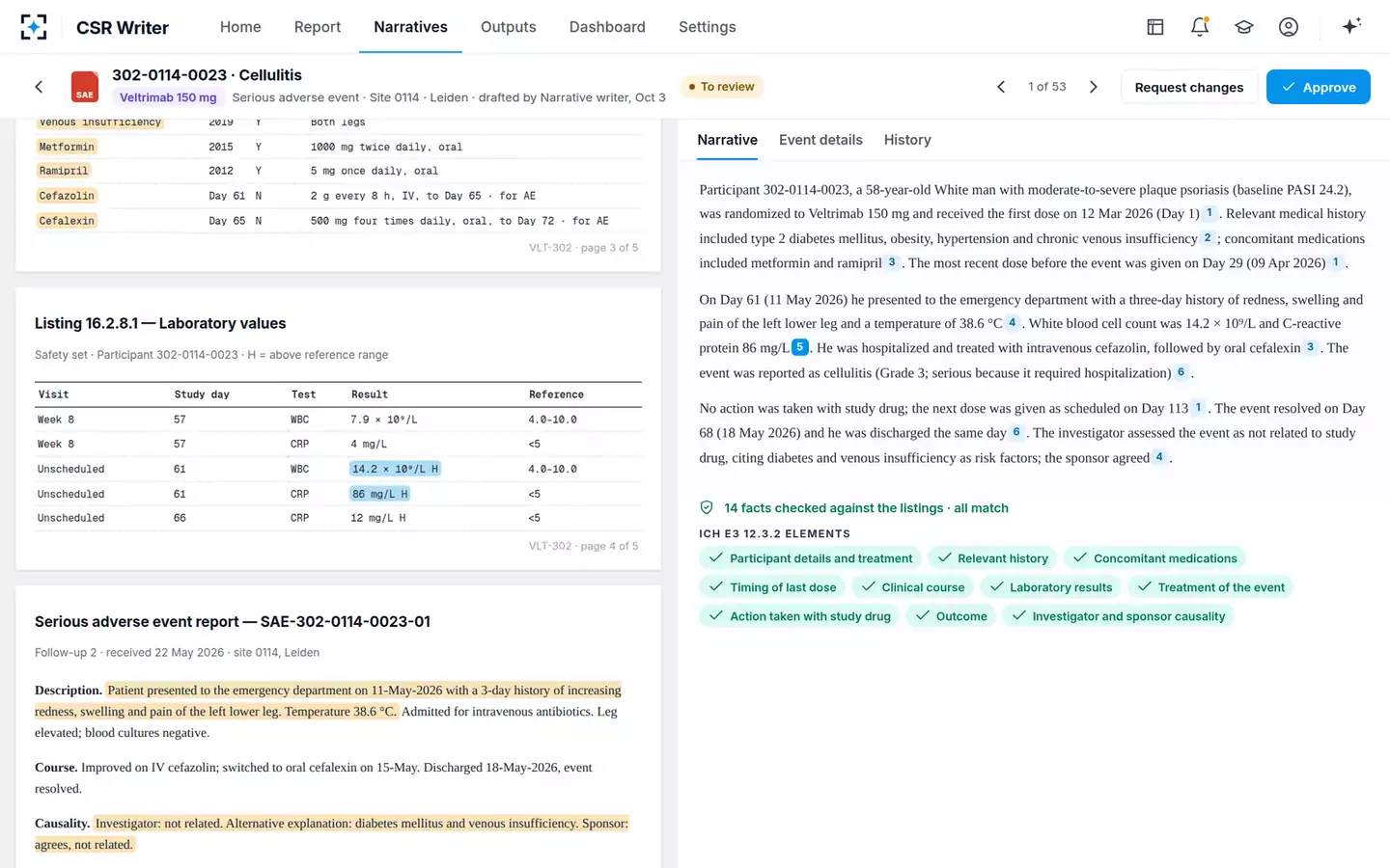Clinical Study Report Writer — Facts, cited to the row