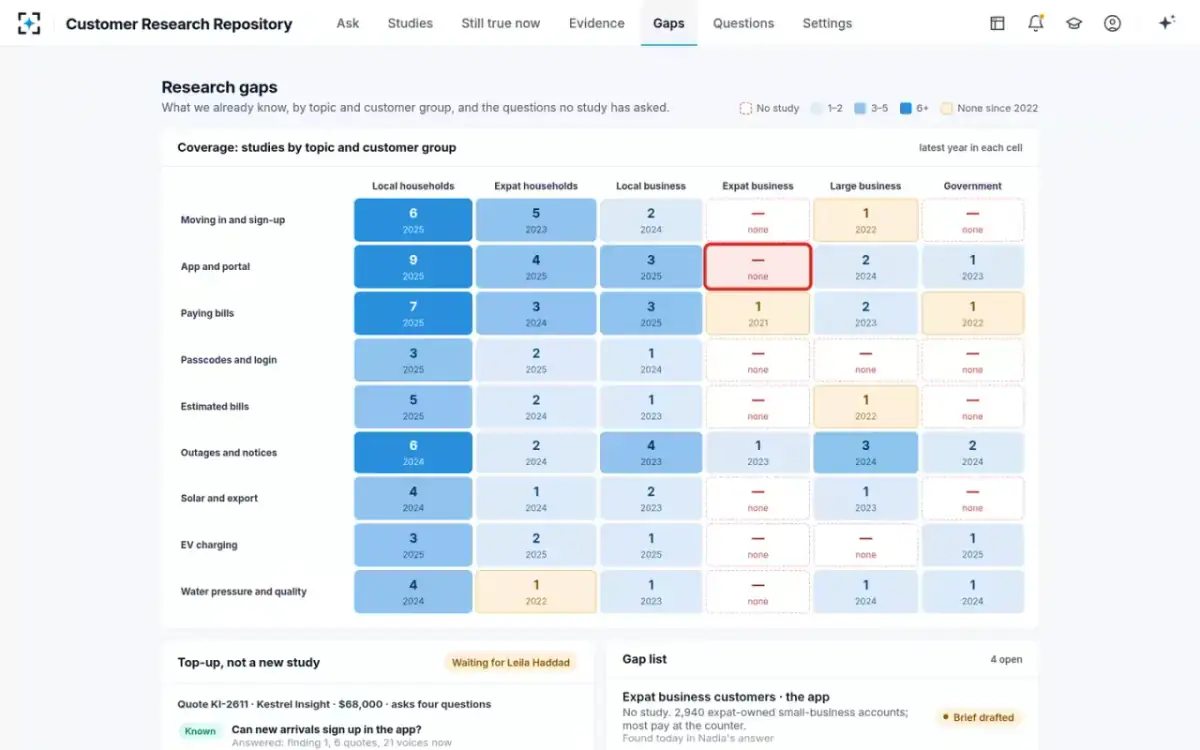 Customer Research Repository — Research gaps