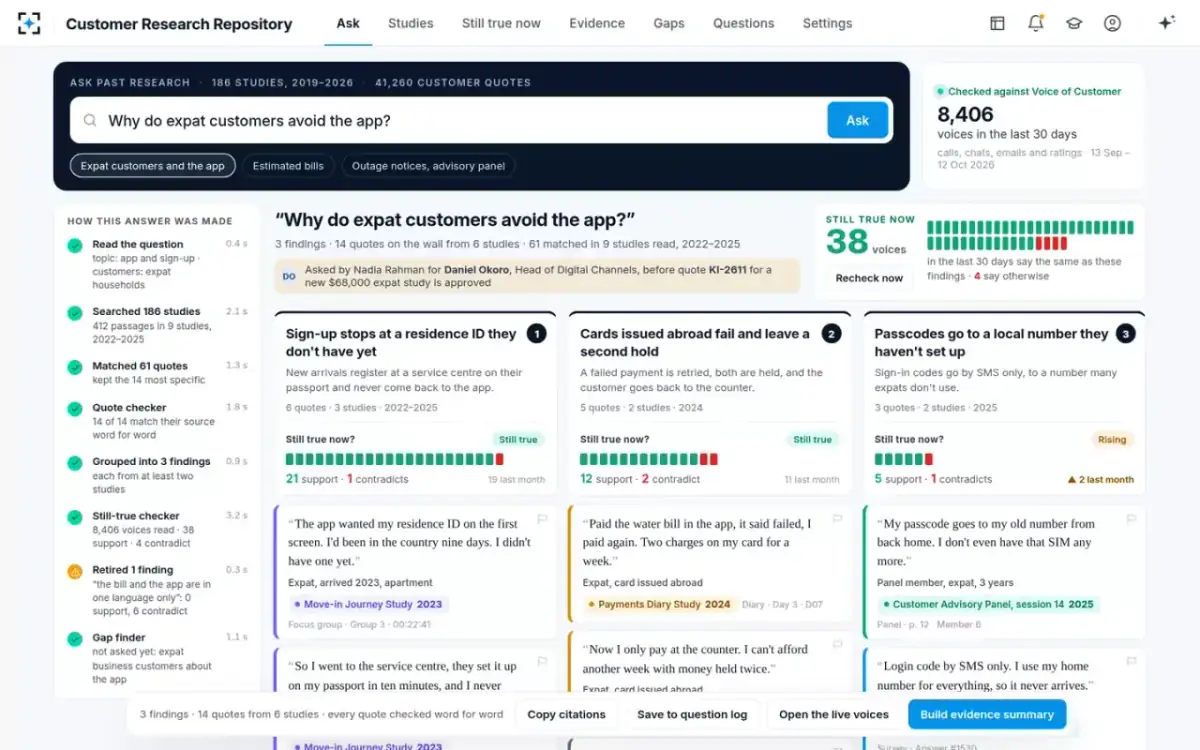Customer Research Repository — Ask: the quote wall