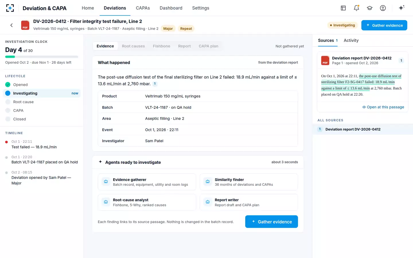 Deviation & CAPA Investigator — The deviation workspace