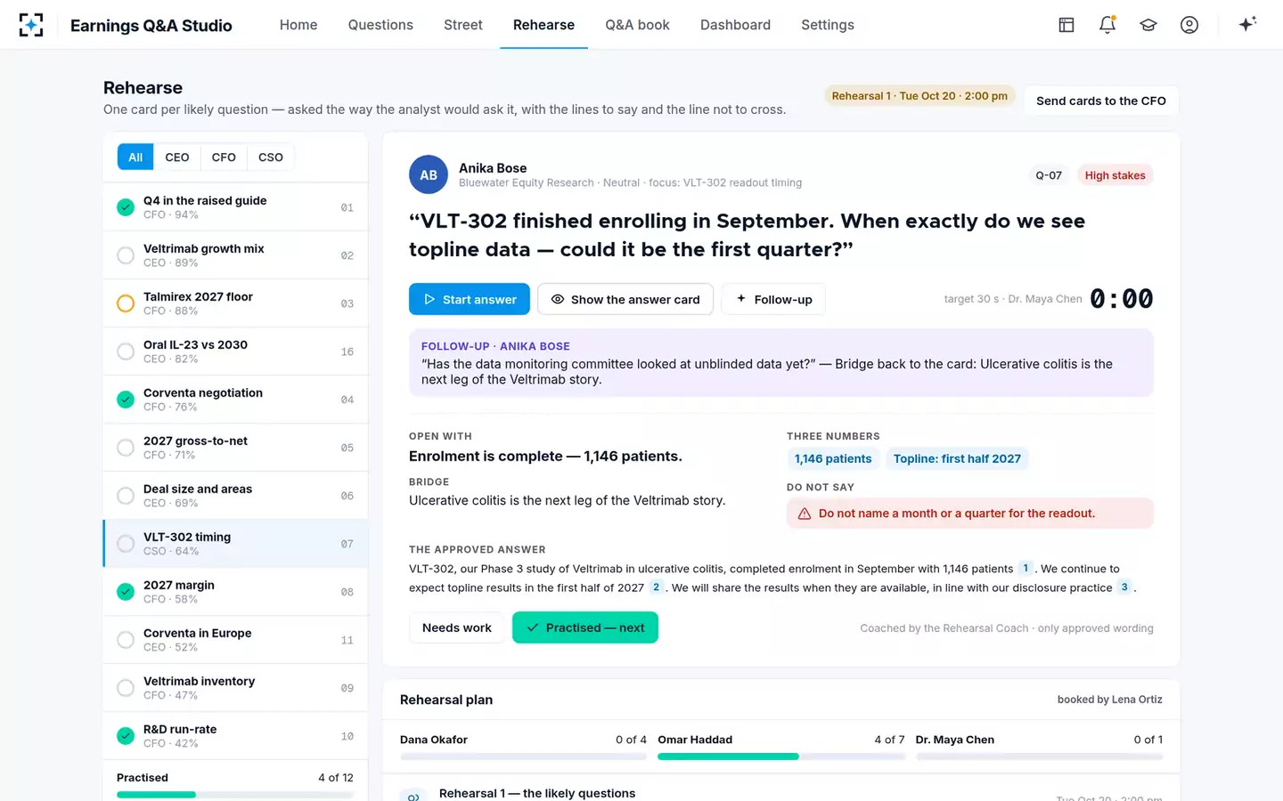 Earnings Q&A Prep Studio — Rehearse