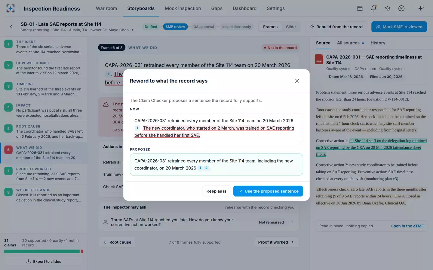Inspection Readiness Storyboard Builder — Reword to the record