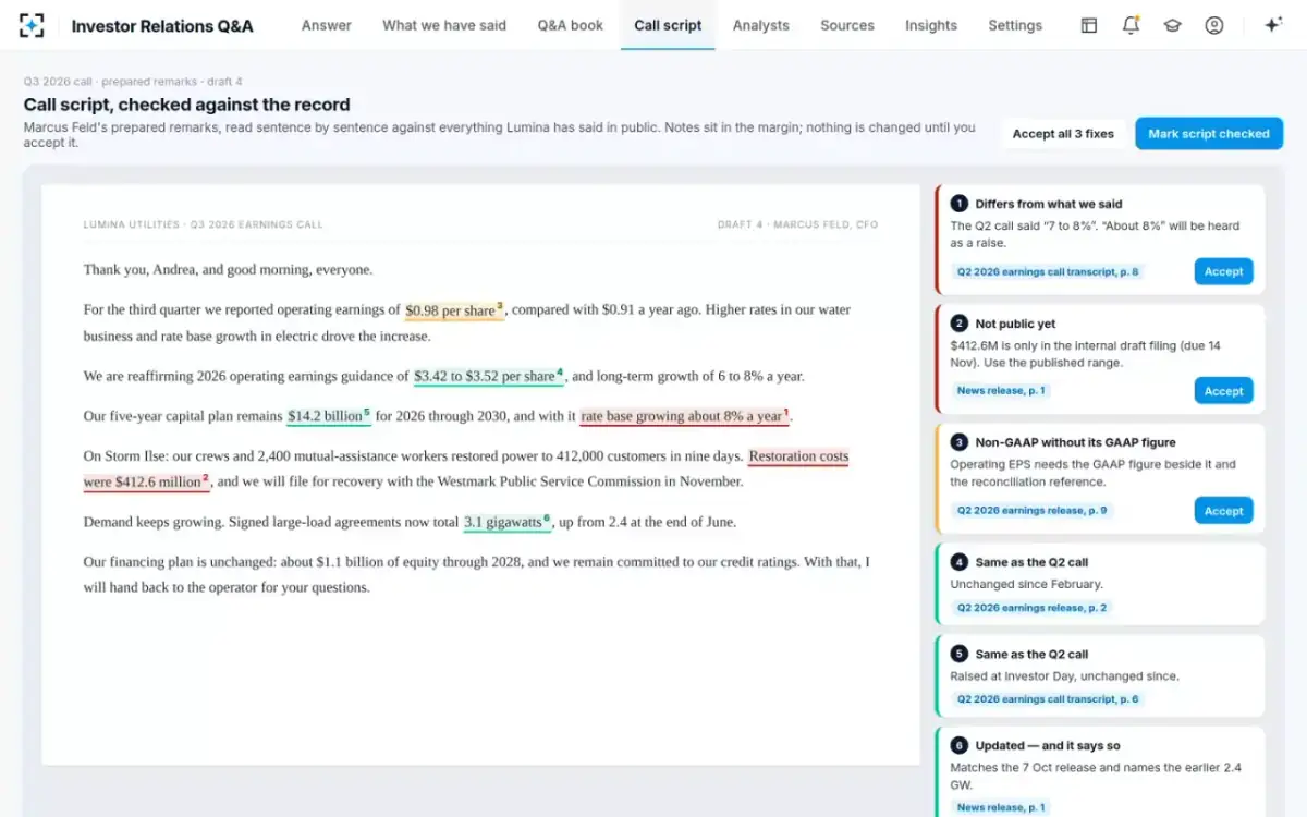 Investor Relations Q&A — The call script, checked