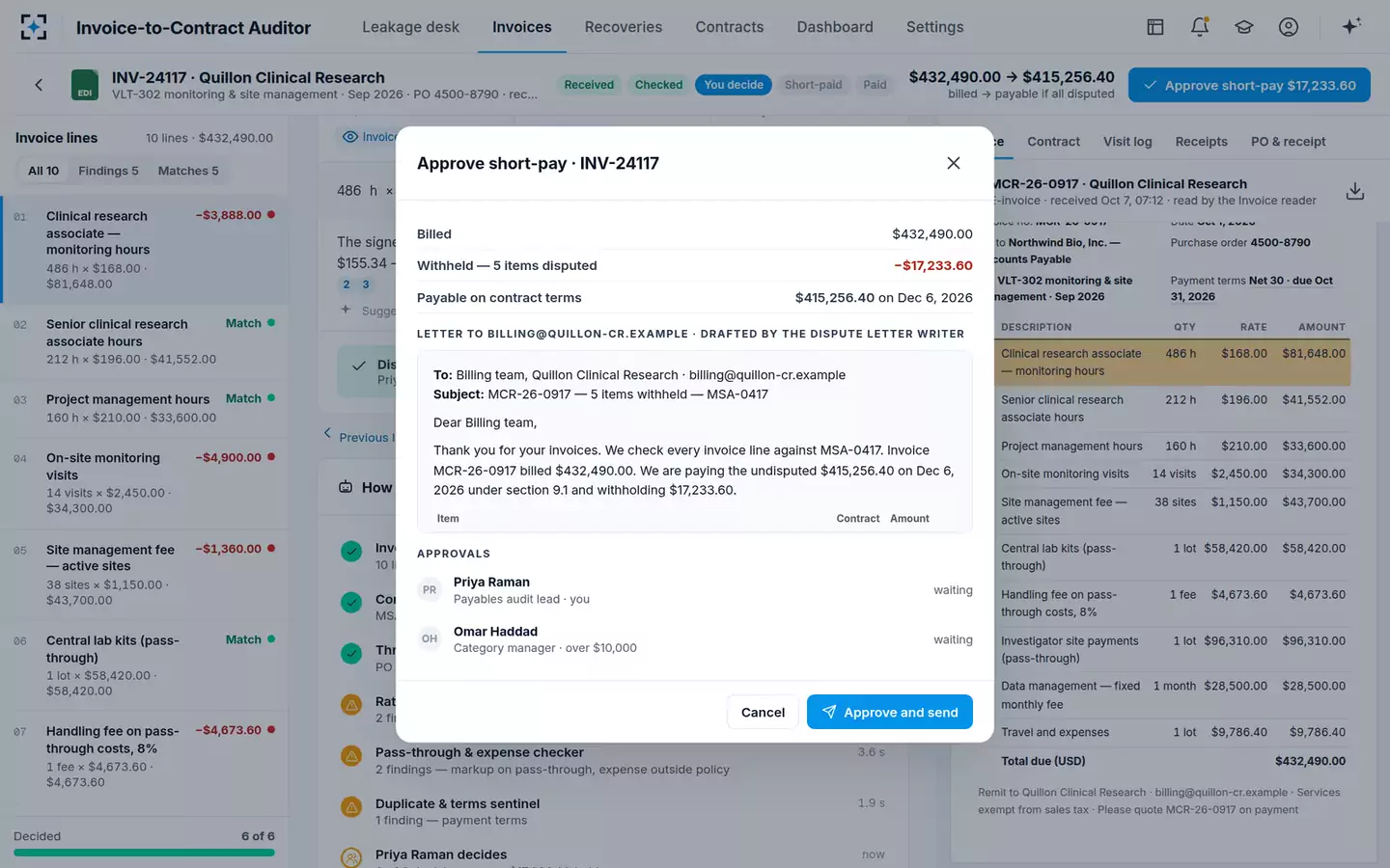 Invoice-to-Contract Auditor — Approve the short-pay