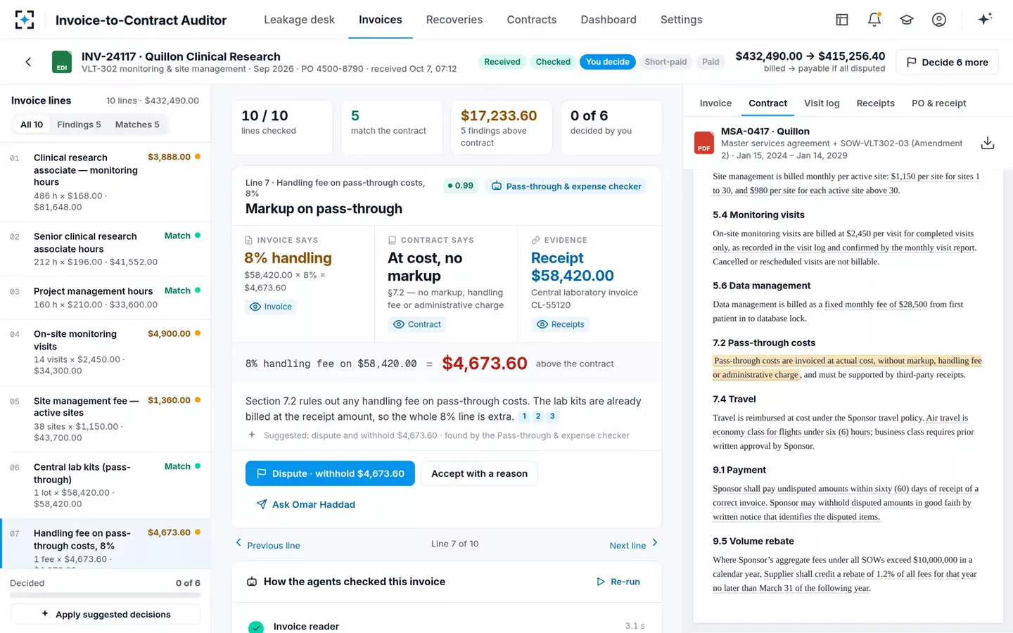 Invoice-to-Contract Auditor — Markup on pass-through