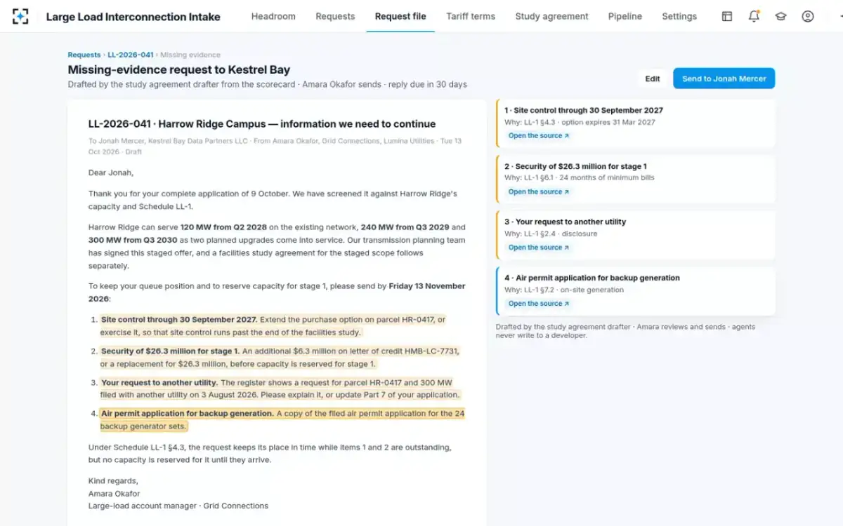 Large Load Interconnection Intake — Missing-evidence letter