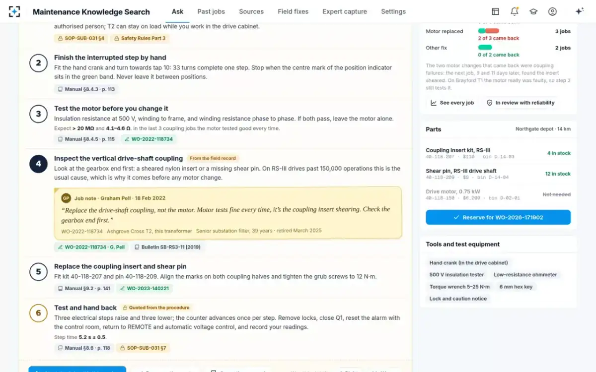 Maintenance Knowledge Search — The field note in the step