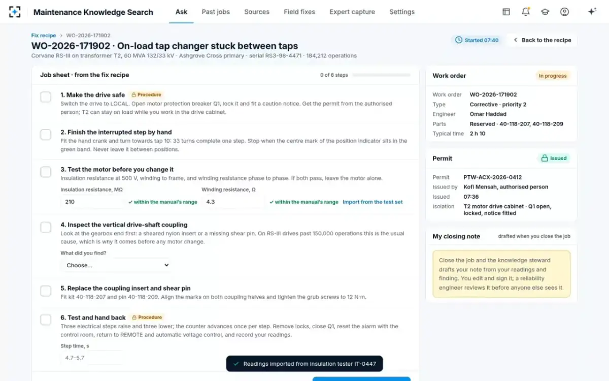 Maintenance Knowledge Search — The job sheet
