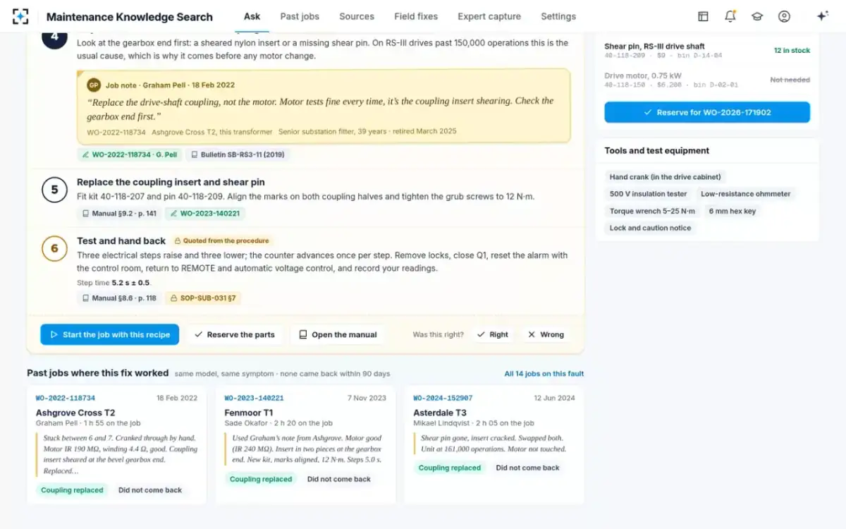 Maintenance Knowledge Search — Past jobs where this fix worked