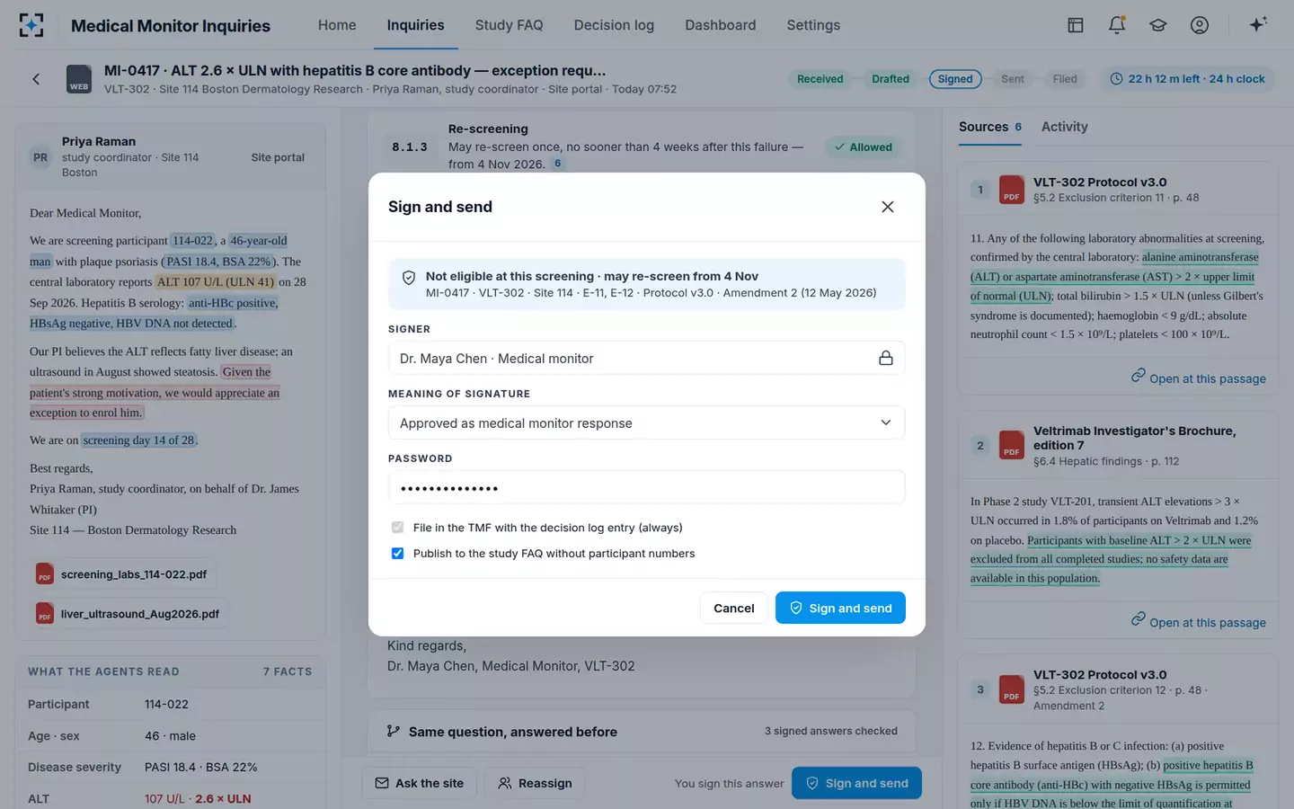 Medical Monitor Inquiry Assistant — Sign and send