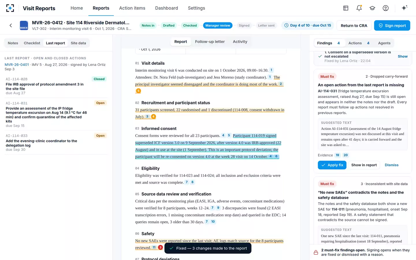 Monitoring Visit Report Writer & Reviewer — A fix applied