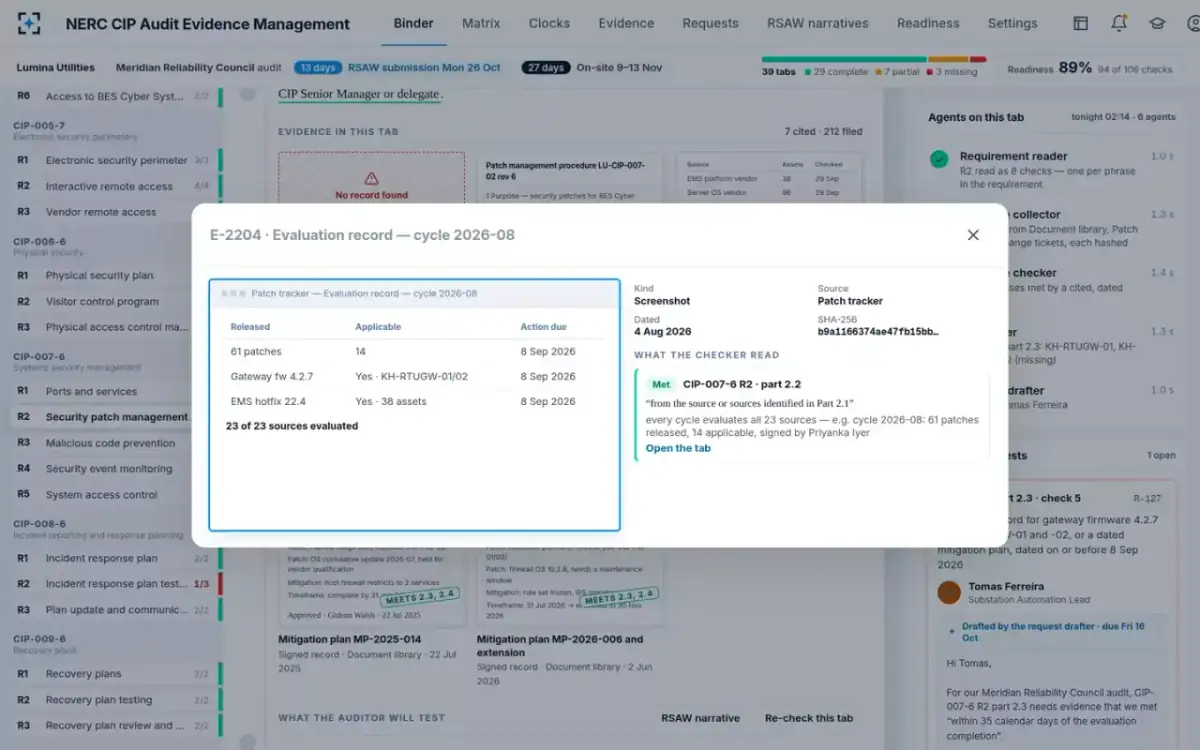 NERC CIP Audit Evidence Management — An evidence item, opened