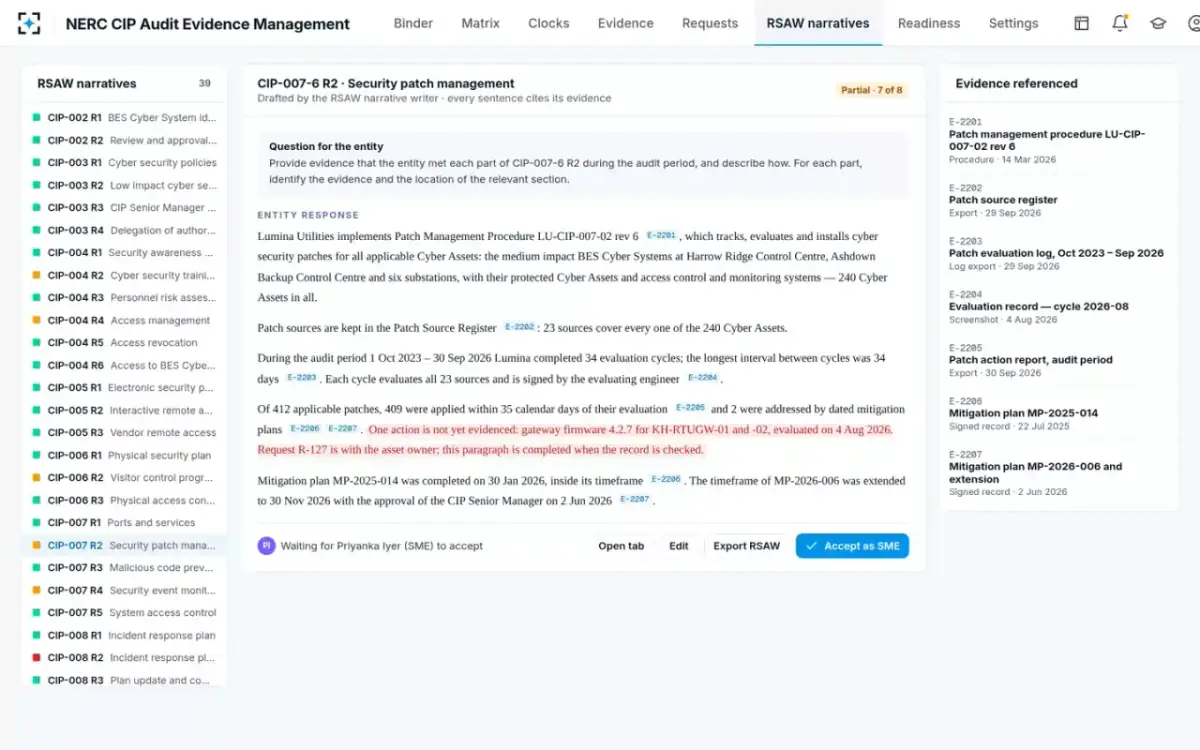 NERC CIP Audit Evidence Management — RSAW narratives