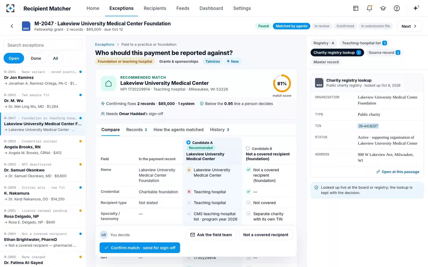 Open Payments Recipient Matcher — Teaching-hospital sign-off