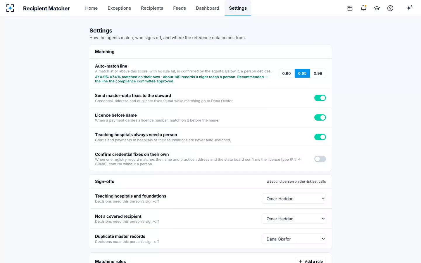 Open Payments Recipient Matcher — Settings