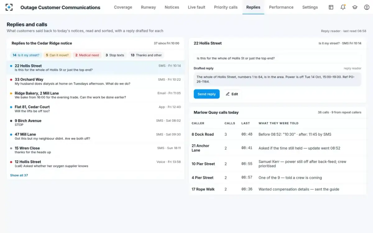 Outage Customer Communications — Replies and calls