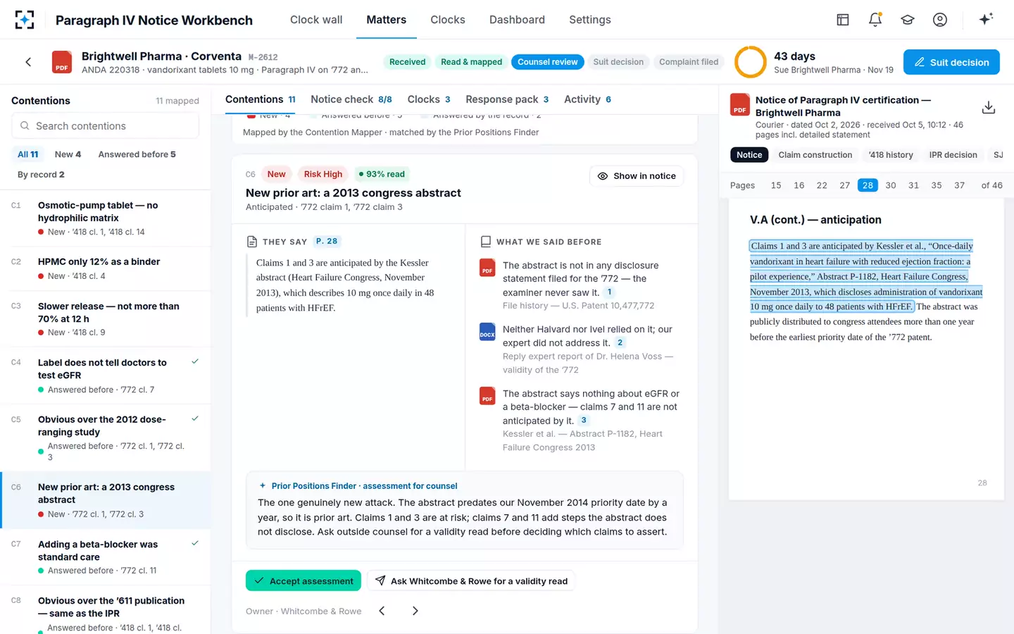 Paragraph IV and Biosimilar Notice Workbench — One contention