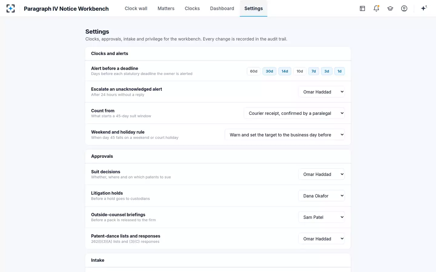Paragraph IV and Biosimilar Notice Workbench — Settings