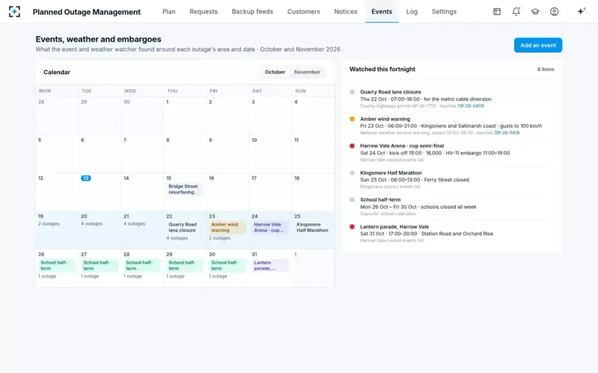 Planned Outage Management — Events, weather and embargoes