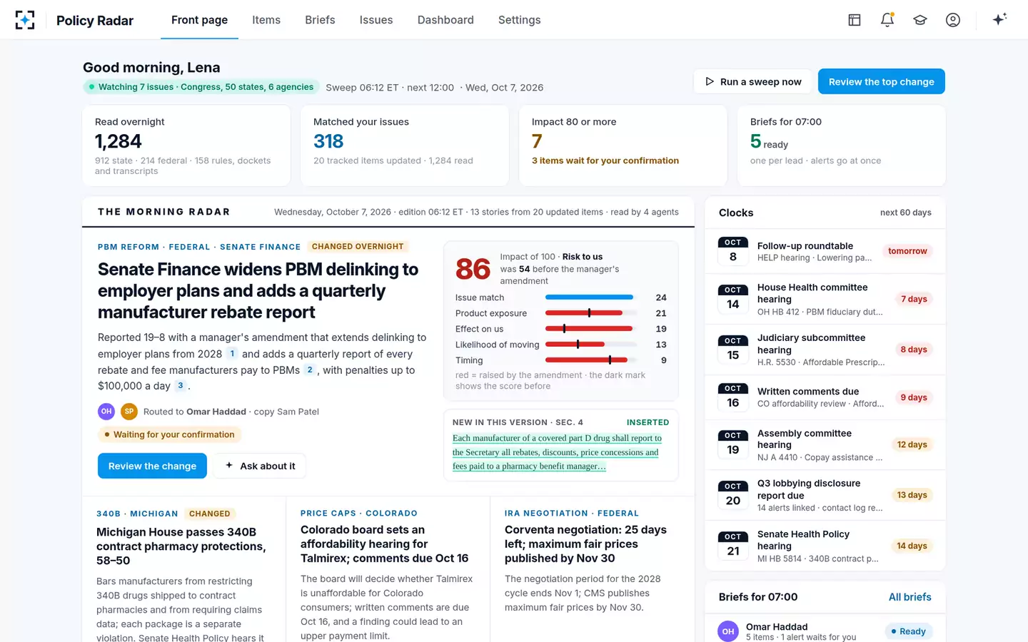 Policy and Legislation Radar — The front page